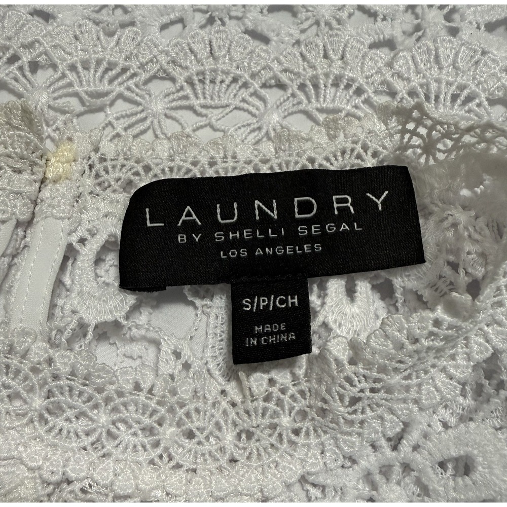 LAUNDRY Women White Lace Overlay Blouse Top Shirt Sz S floral crochet high neck - Picture 4 of 7